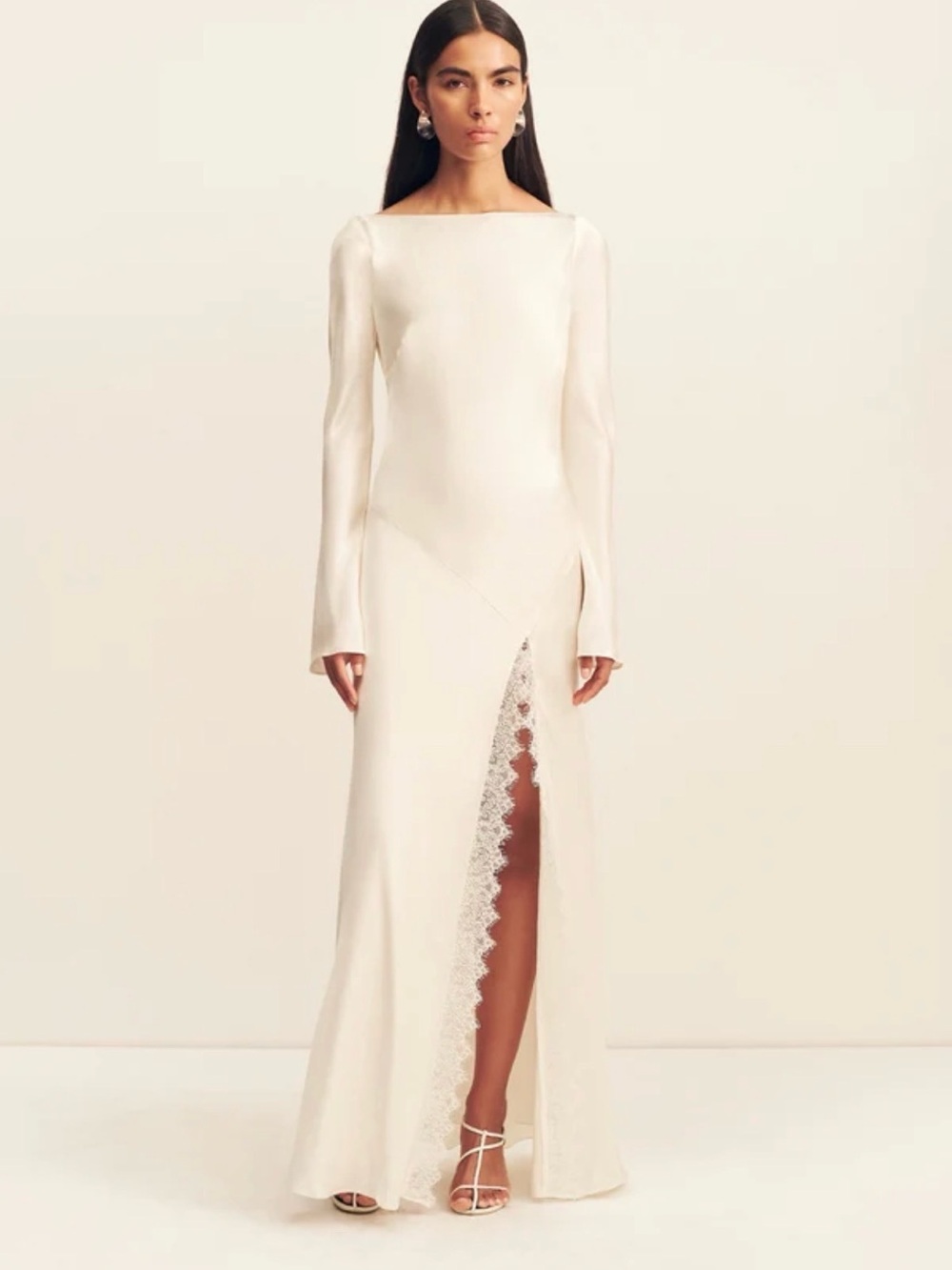 Shona Joy Cream Long-Sleeve Lace-Trim Gown
